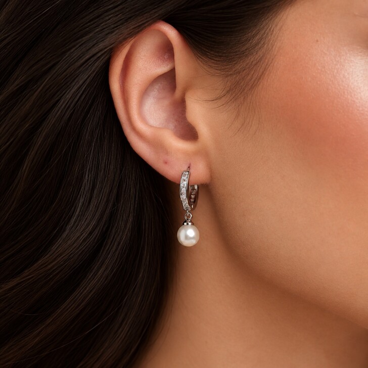 Tahiti Silver Pearl Drop Crystal Huggie Hoop Earrings