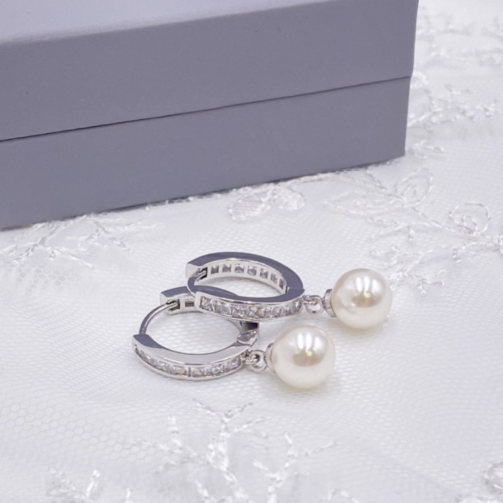 Tahiti Silver Pearl Drop Crystal Huggie Hoop Earrings