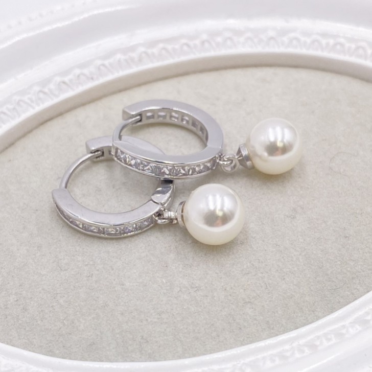 Tahiti Silver Pearl Drop Crystal Huggie Hoop Earrings