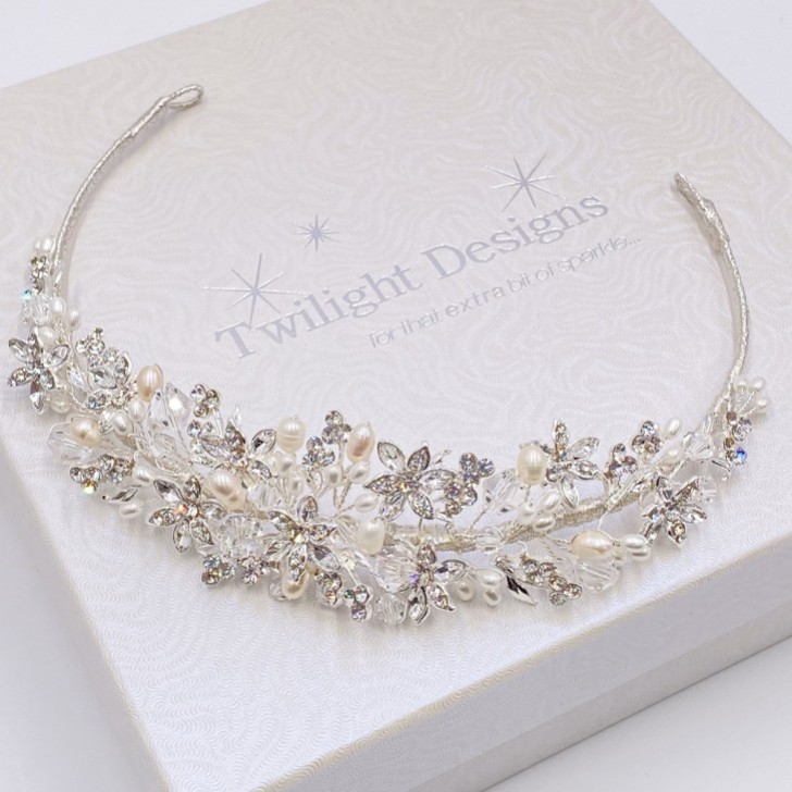 Tahlia Freshwater Pearl, Diamante Flowers and Crystal Tiara