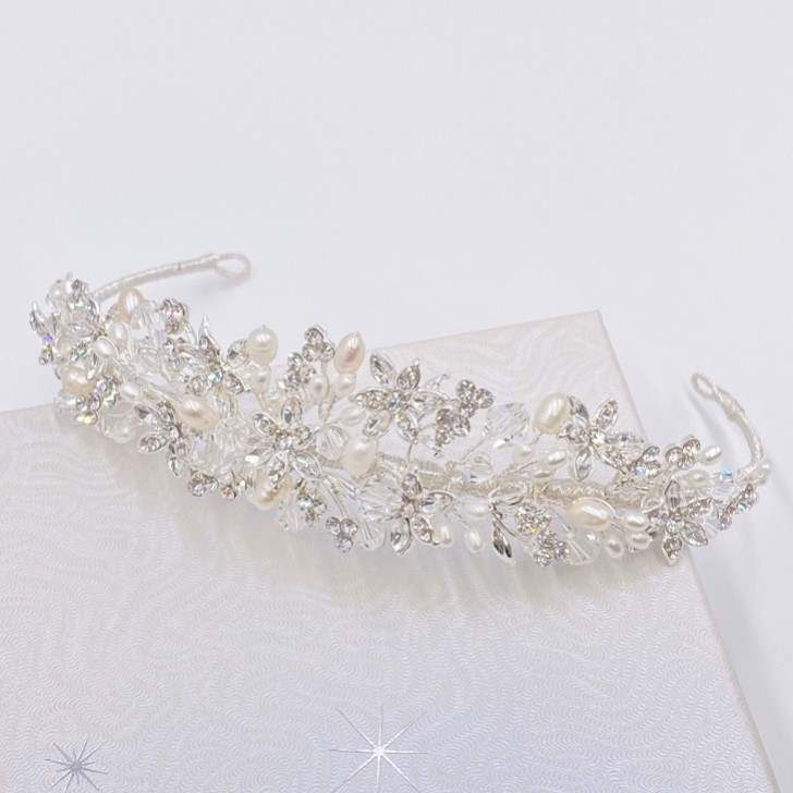 Tahlia Freshwater Pearl, Diamante Flowers and Crystal Tiara