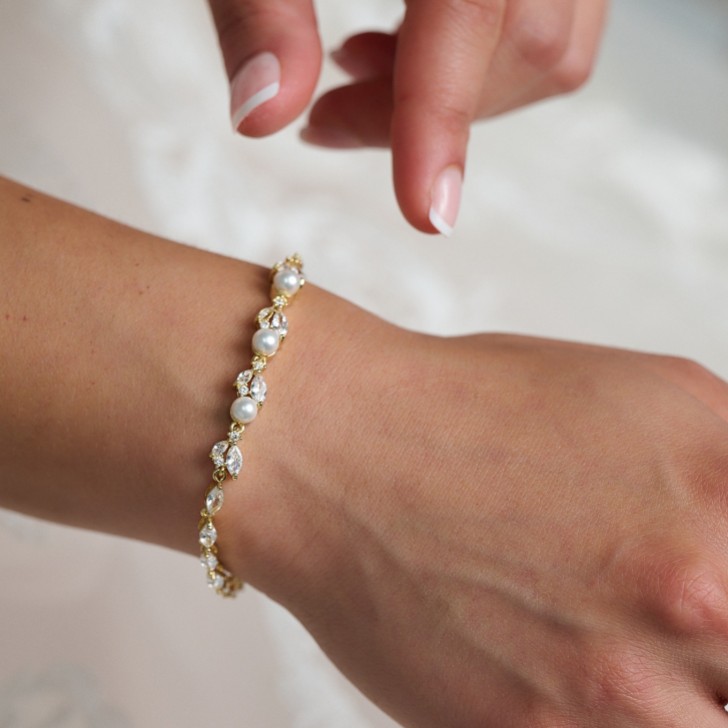 Tamara Gold Cubic Zirconia and Pearl Wedding Bracelet