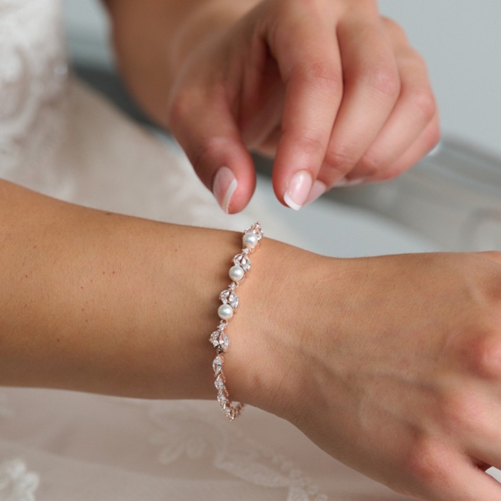 Tamara Rose Gold Cubic Zirconia and Pearl Wedding Bracelet
