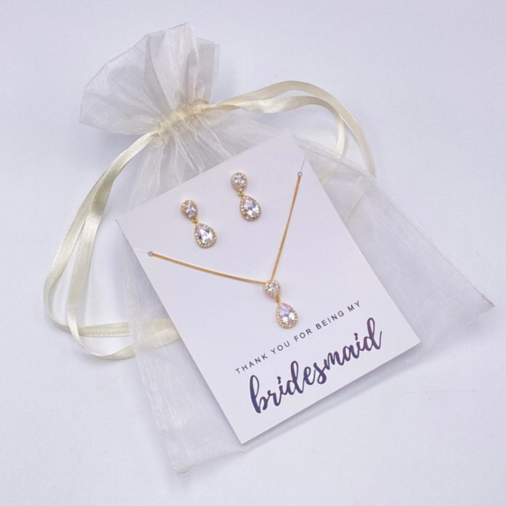 'Thank You For Being My Bridesmaid' Gold Teardrop Crystal Jewellery Set
