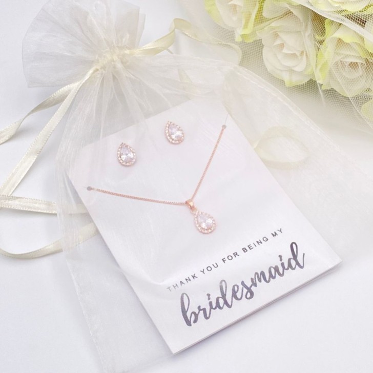 'Thank You For Being My Bridesmaid' Rose Gold Crystal Stud Jewelry Set
