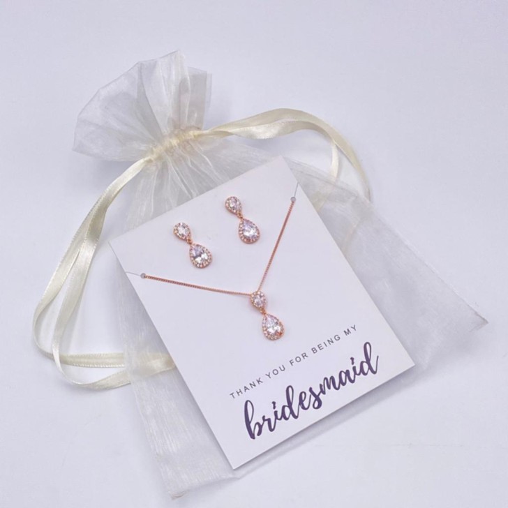 'Thank You For Being My Bridesmaid' Rose Gold Teardrop Crystal Jewellery Set