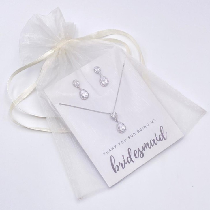 'Thank You For Being My Bridesmaid' Silver Teardrop Crystal Jewelry Set