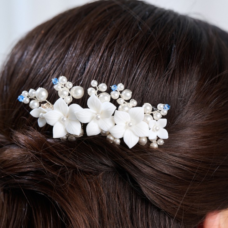 Tiffany Pearl and Light Sapphire Crystal Floral Hair Comb