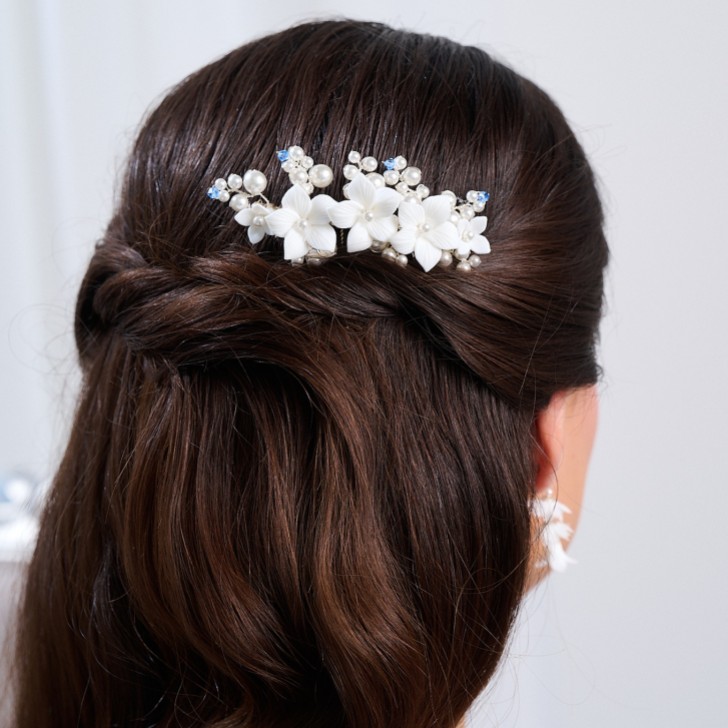 Tiffany Pearl and Light Sapphire Crystal Floral Hair Comb