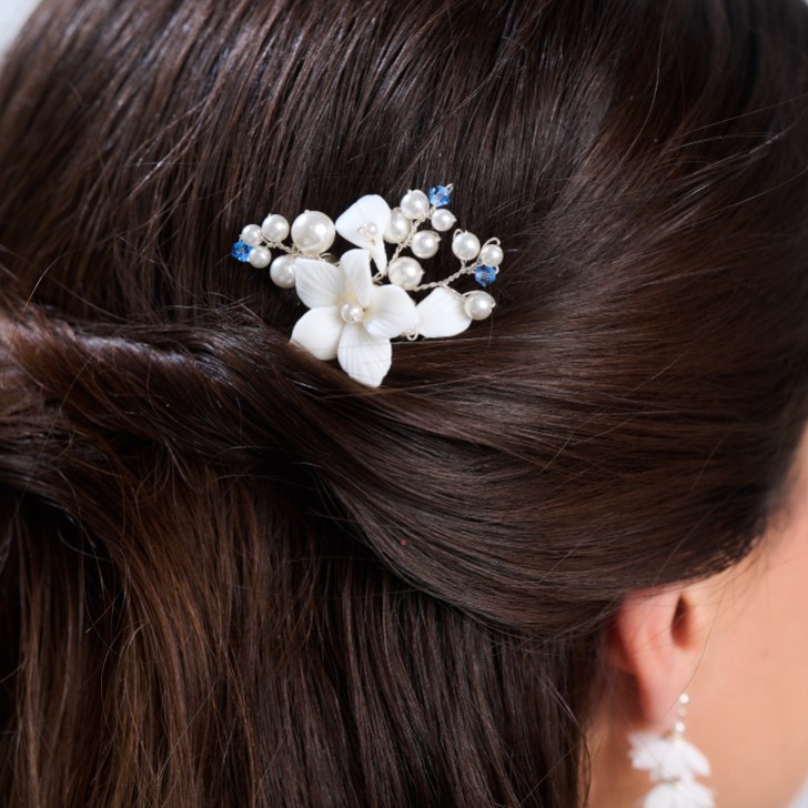 Tiffany Pearl and Light Sapphire Crystal Floral Mini Comb