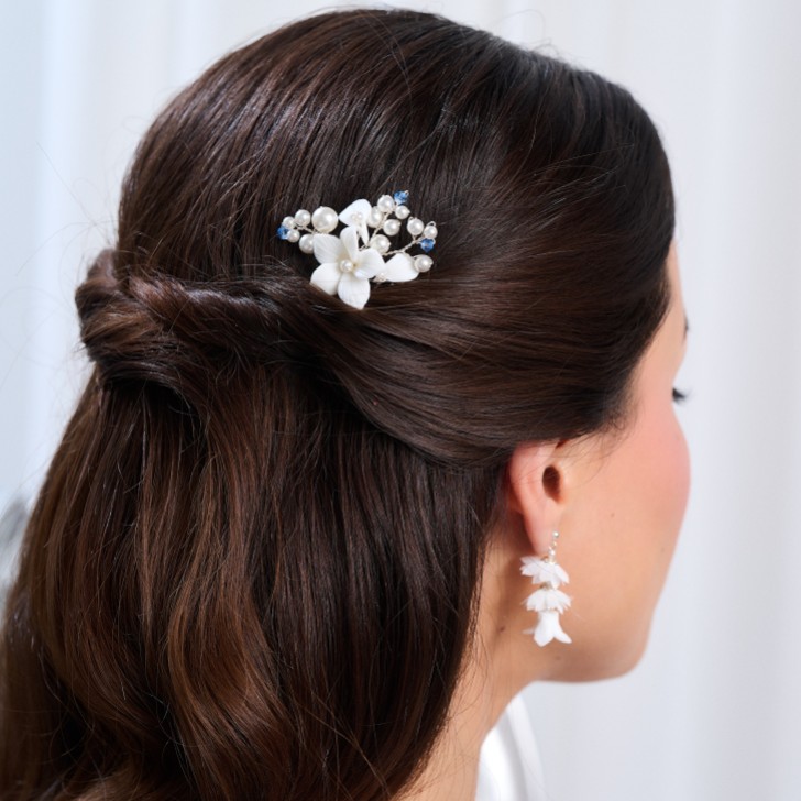 Tiffany Pearl and Light Sapphire Crystal Floral Mini Comb
