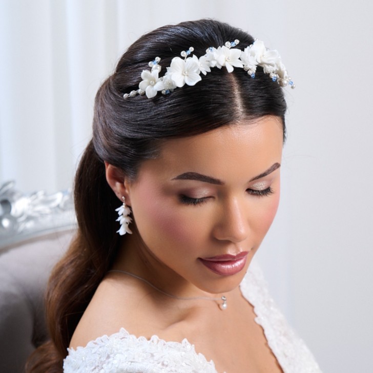Tiffany Pearl and Light Sapphire Crystal Floral Tiara