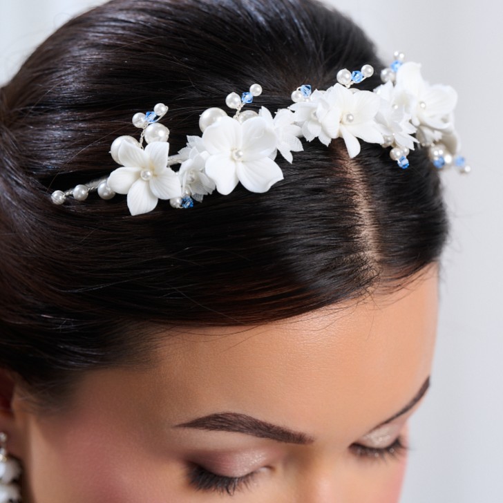 Tiffany Pearl and Light Sapphire Crystal Floral Tiara