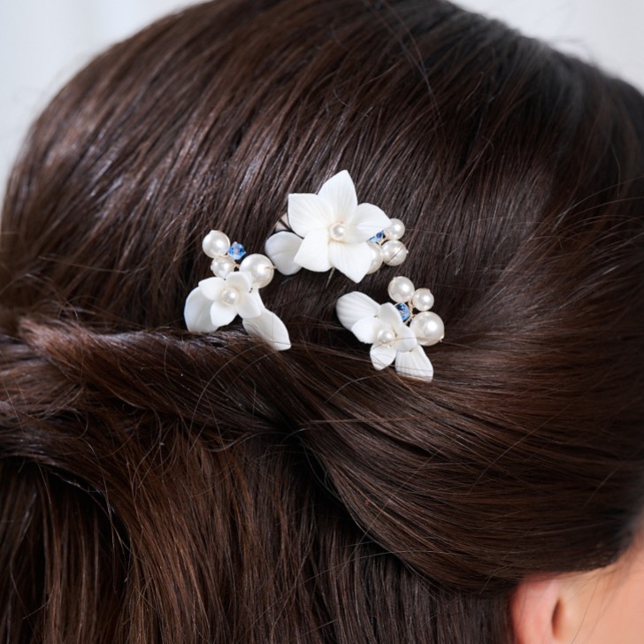 Tiffany Set of 3 Pearl and Light Sapphire Crystal Floral Hair Pins