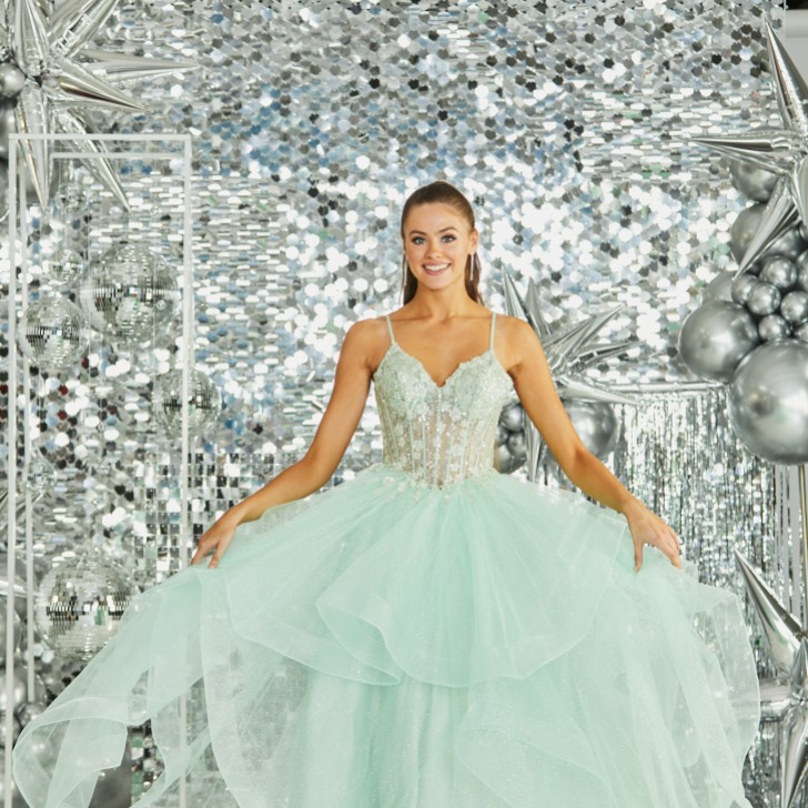 Tiffanys Skye Pale Green Sparkly Ruffle Prom Dress with Floral Bodice