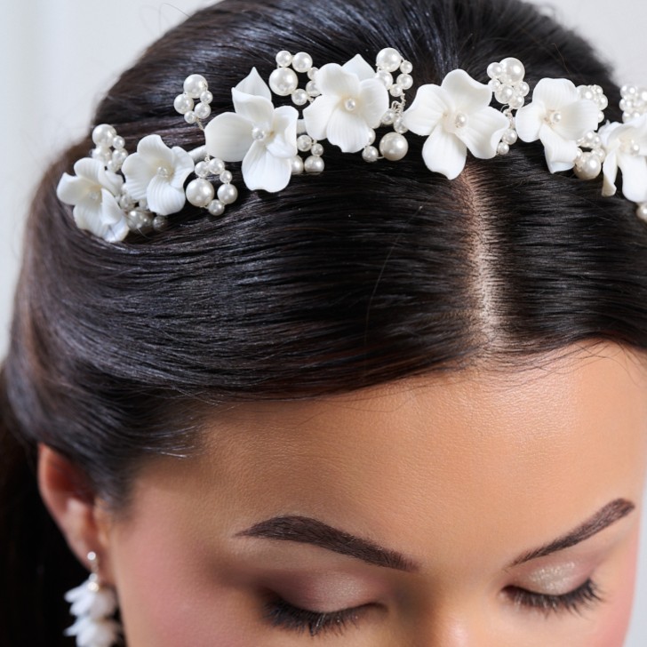 Trinity Ivory Ceramic Flower and Pearl Wedding Headband
