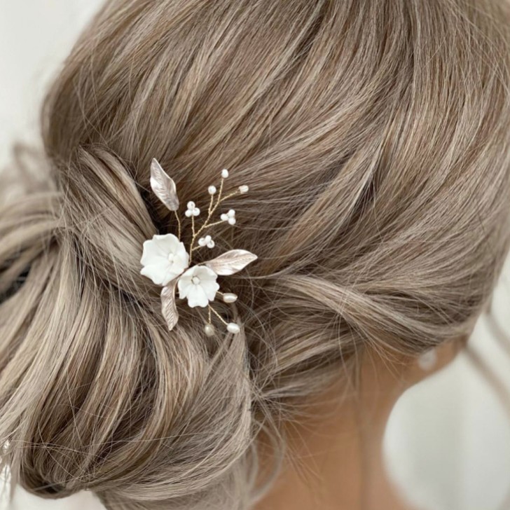Tulippa Porcelain Flowers and Champagne Gold Leaves Hair Pin