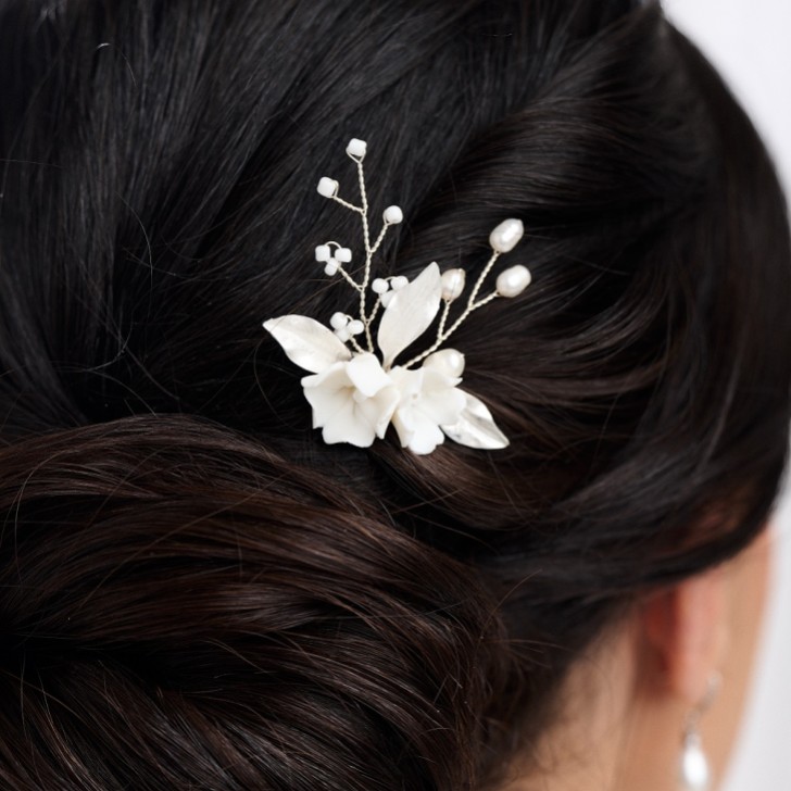 Tulippa Porcelain Flowers and Silver Leaves Hair Pin