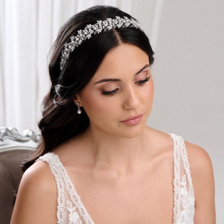 Tuscany Silver Crystal Leaves and Pearl Wedding Headband