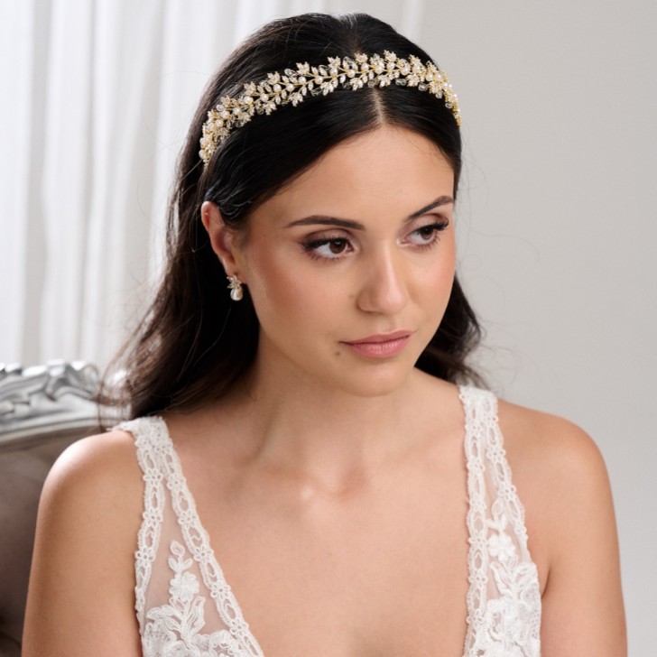 Tuscany Gold Crystal Leaves and Pearl Wedding Headband