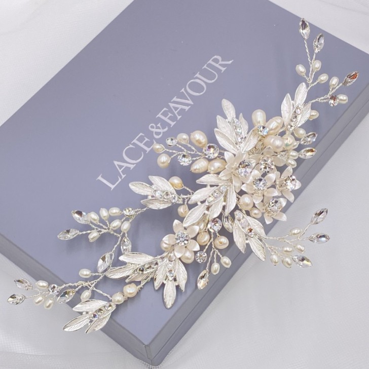 Zelda Silber Blumen und Blätter Hochzeit Haarspange