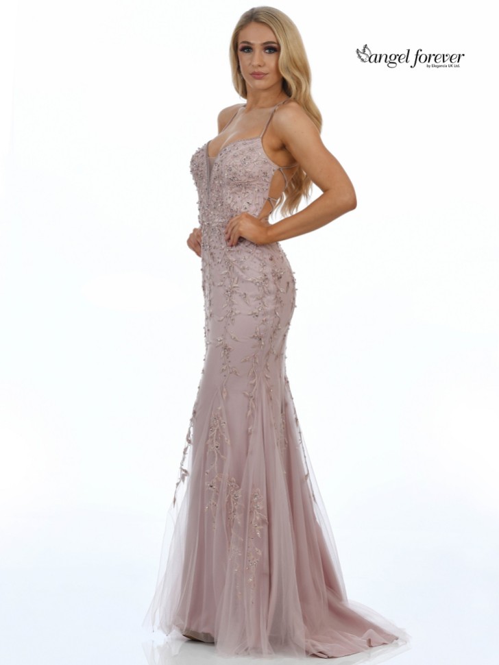 Angel Forever Beaded Lace Backless Fishtail Prom Dress (Rose Gold)
