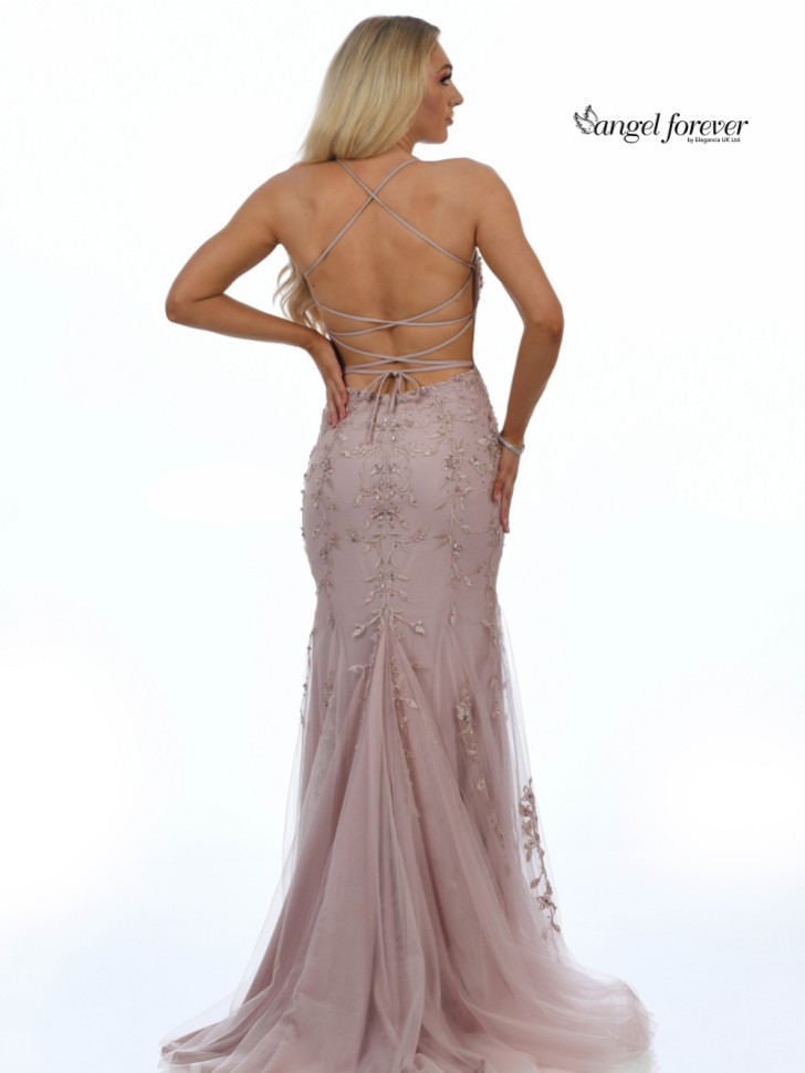 Angel Forever Beaded Lace Backless Fishtail Prom Dress (Rose Gold)