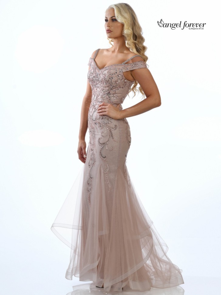 Angel Forever Embellished Shimmer Tulle Fishtail Prom Dress (Rose Gold)