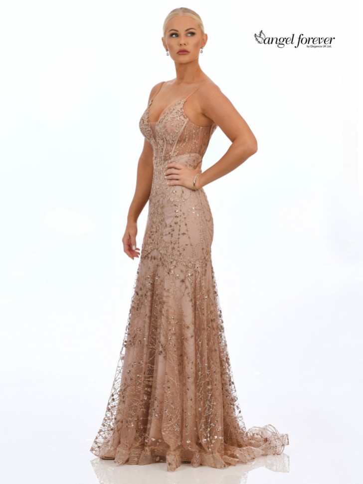Angel Forever Glitter Lace Fitted Corset Prom Dress (Rose Gold)