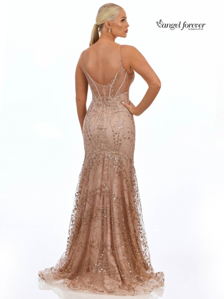Angel Forever Glitter Lace Fitted Corset Prom Dress (Rose Gold)