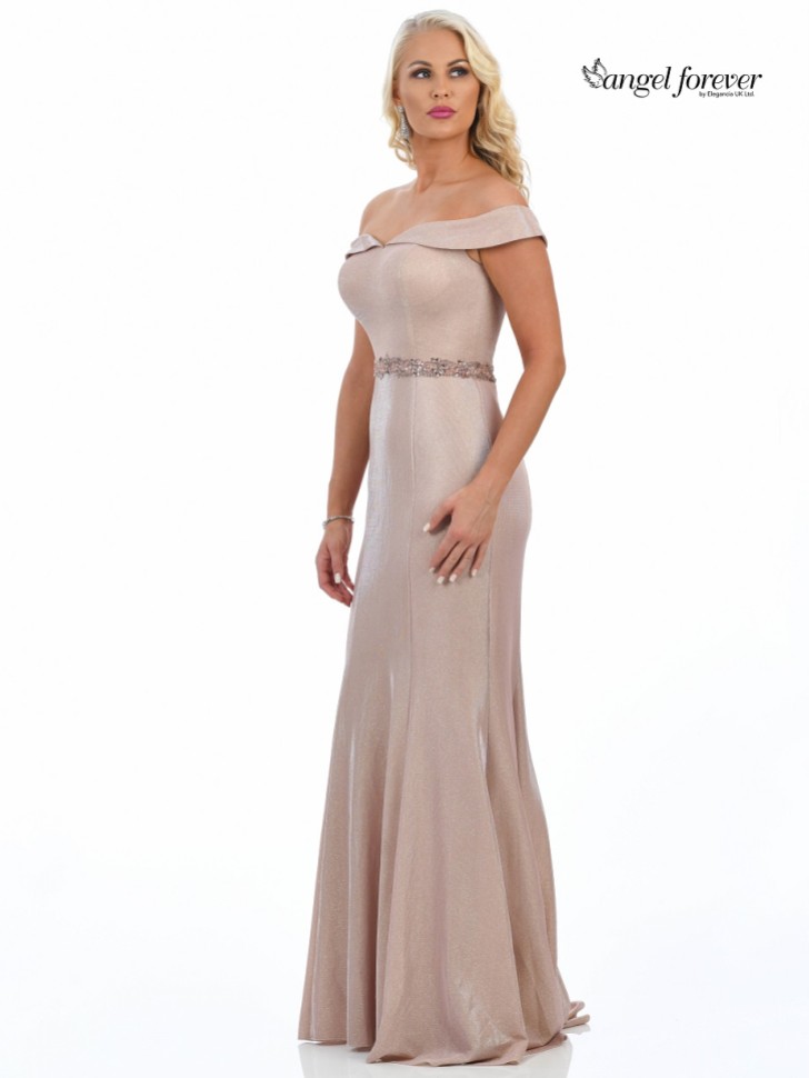 Angel Forever Shimmer Fabric Off The Shoulder Prom Dress (Rose Gold)