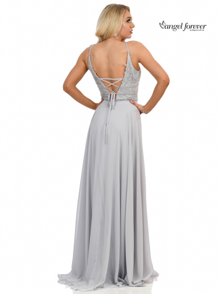 Angel Forever Beaded Lace A Line Chiffon Prom Dress with Slit (Silver)