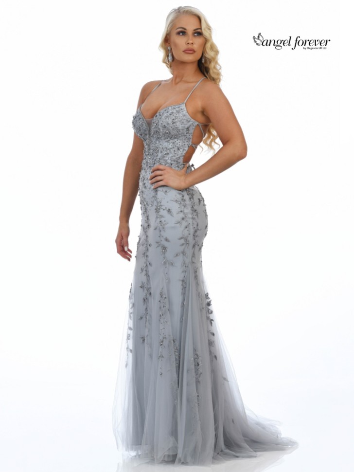 Angel Forever Beaded Lace Backless Fishtail Prom Dress (Silver)