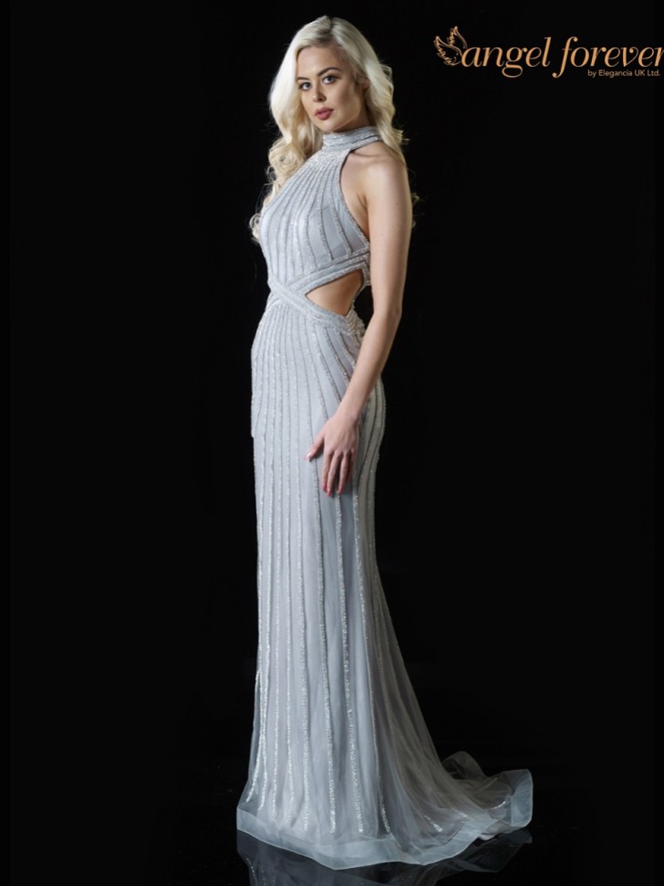 Angel Forever Diamante High Neck Fitted Prom Dress with Cut Outs (Silver)