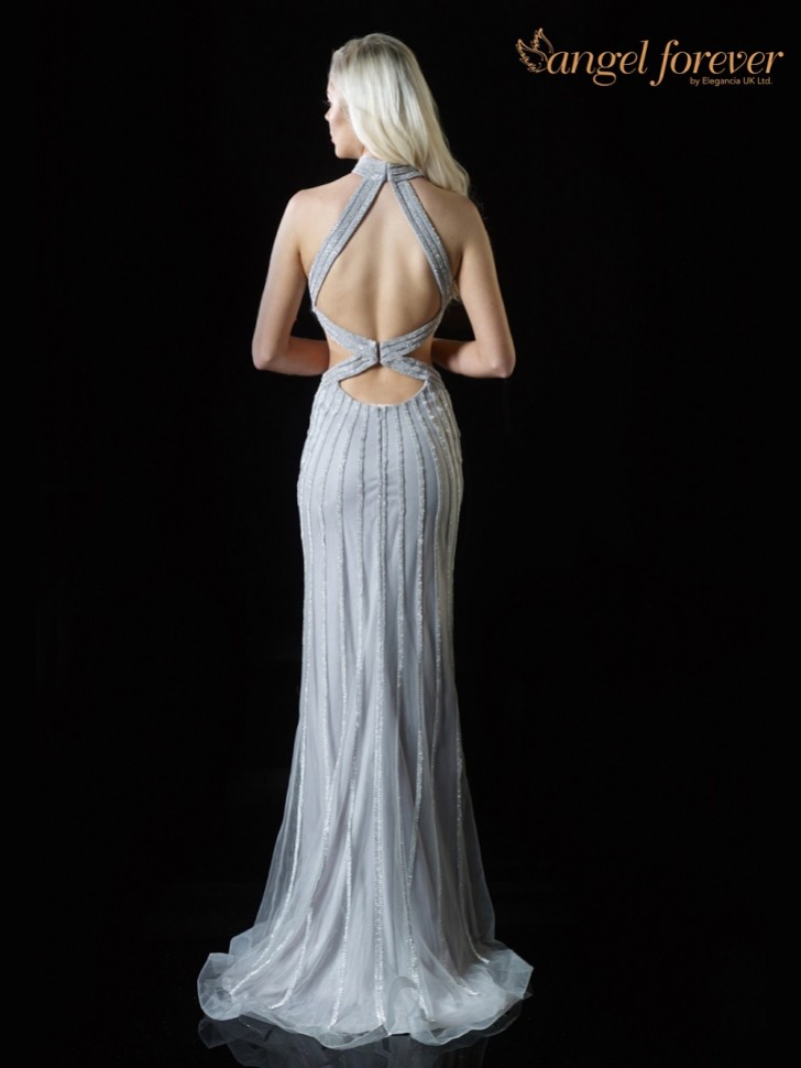 Angel Forever Diamante High Neck Fitted Prom Dress with Cut Outs (Silver)