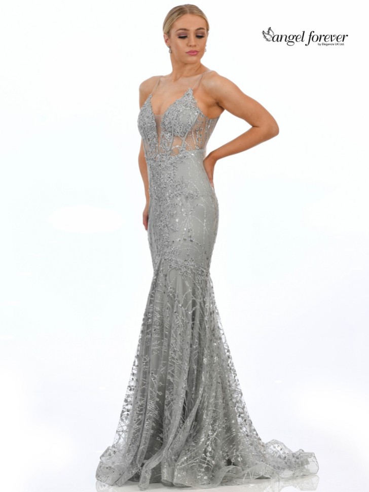 Angel Forever Glitter Lace Fitted Corset Prom Dress (Silver)