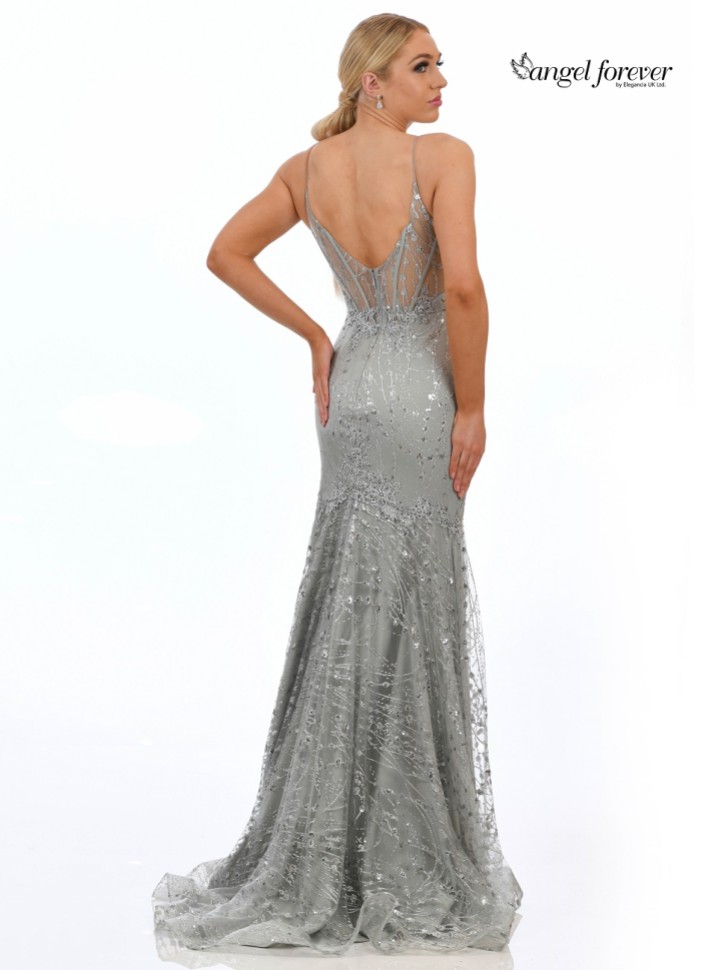 Angel Forever Glitter Lace Fitted Corset Prom Dress (Silver)