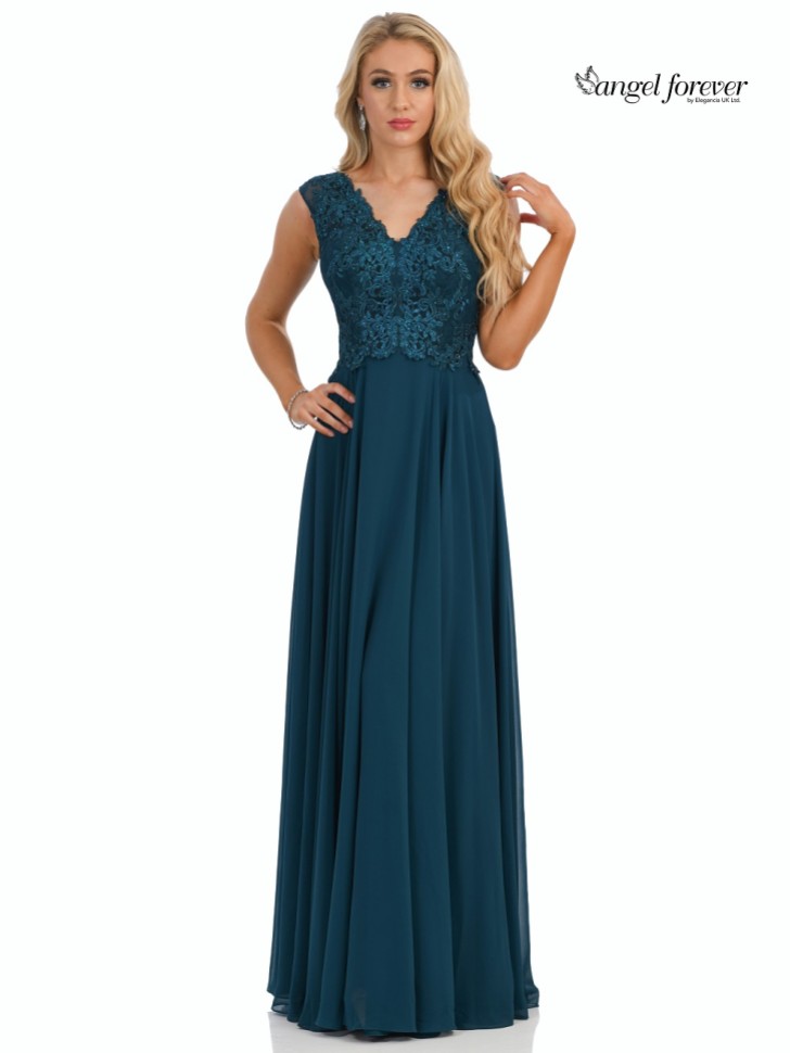 Angel Forever V Neck A Line Chiffon Prom Dress with Lace Bodice (Teal)