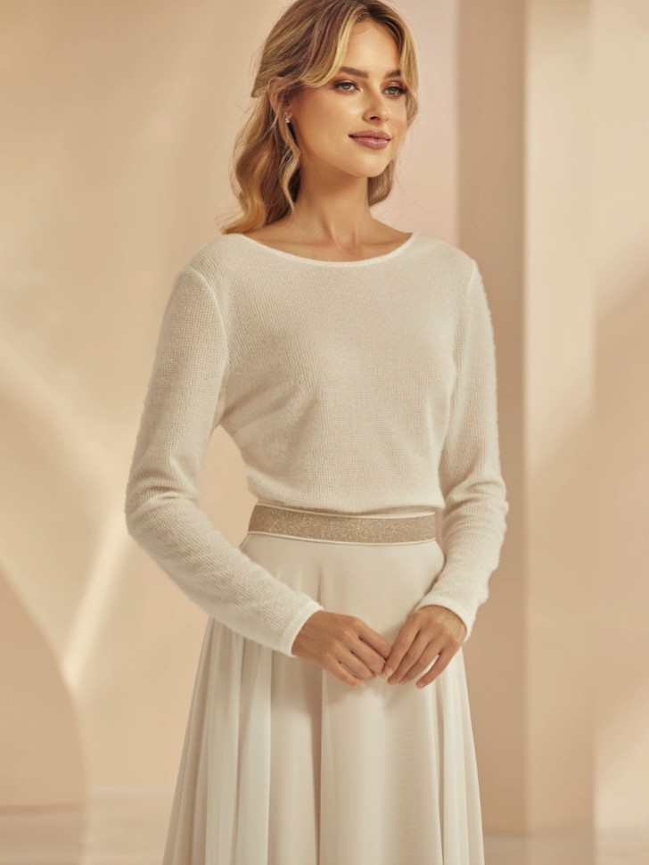 Bianco Ivory Knitted Lace V Back Long Sleeve Bridal Sweater E344