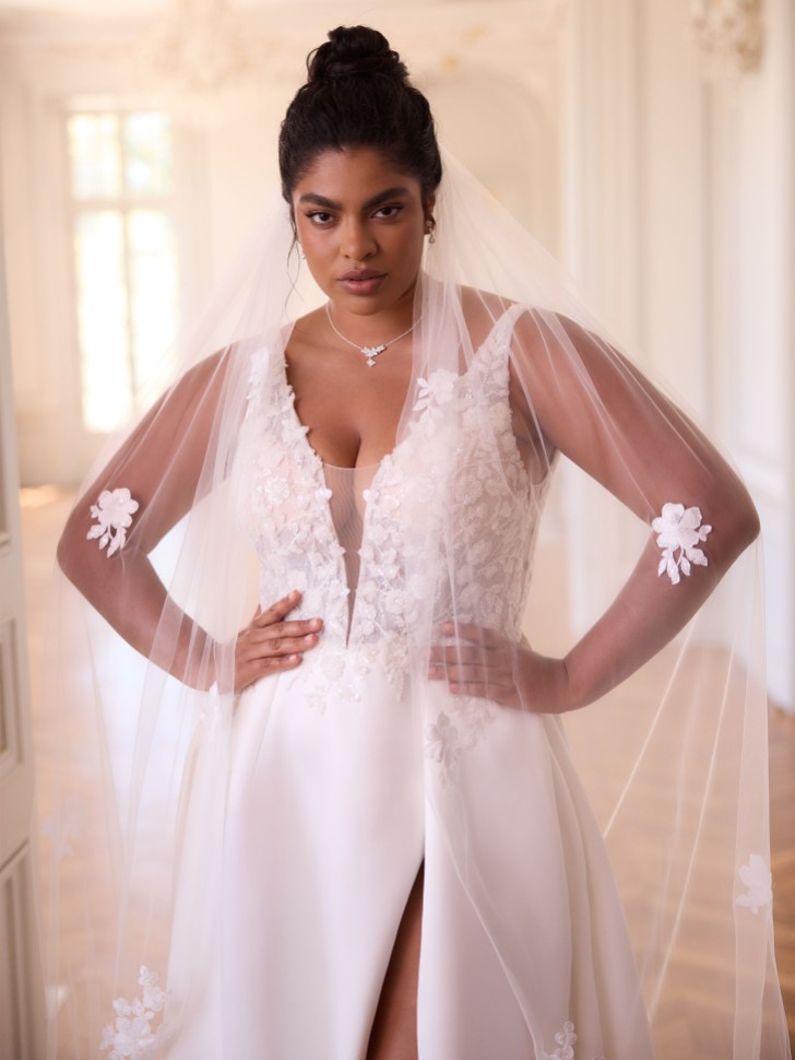 Bianco Ivory Single Tier Cut Edge Lace Applique Chapel Veil S529