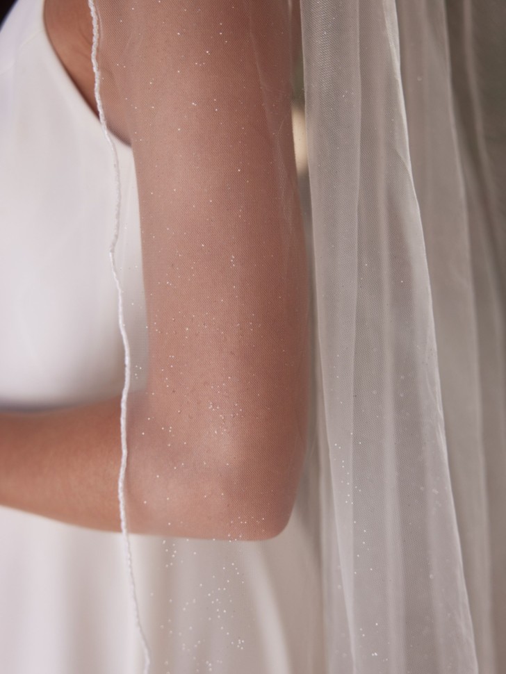 Bianco Ivory Single Tier Glitter Tulle Cathedral Veil with Glass Bead Edge S521