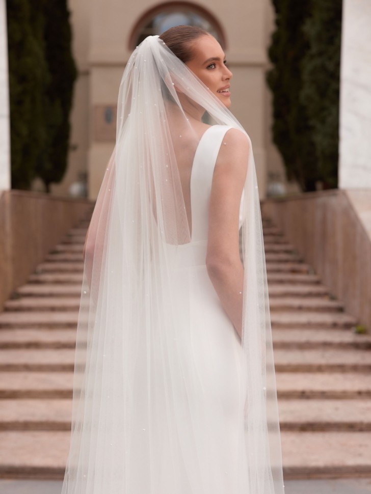 Bianco Ivory Single Tier Scattered Pearl Royal Length Veil S553