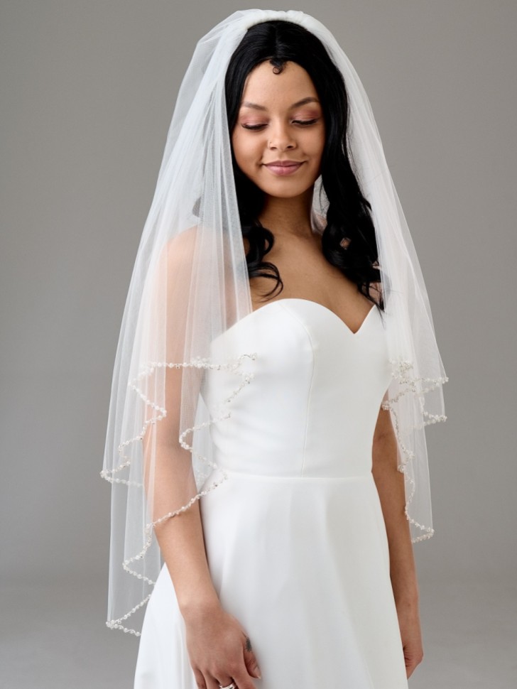 Charleston Ivory Zweistufiger Schleier mit Perlen, Diamanten und Perlenrand