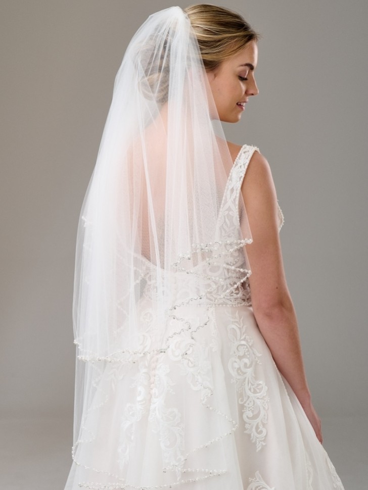 Charleston Ivory Zweistufiger Schleier mit Perlen, Diamanten und Perlenrand