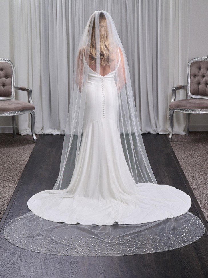 Chicago Ivory Single Tier Long Heavily Embellished Pearl Veil
