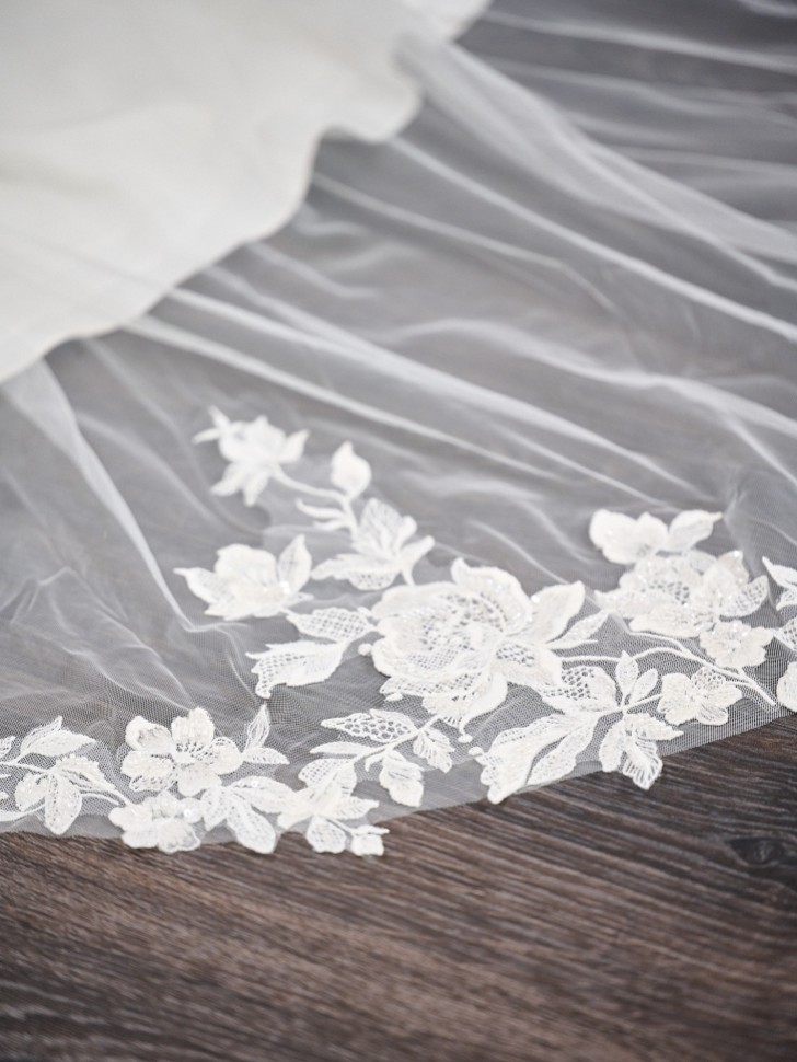 Cotswold Long Single Tier Italian Tulle Beaded Floral Lace Veil