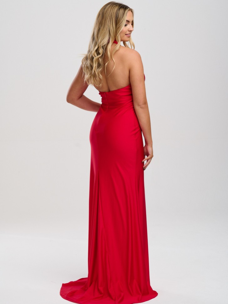 Linzi Jay Halter Neck Stretch Satin Prom Dress with Train