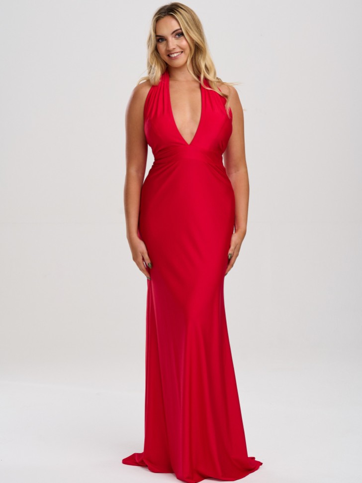 Linzi Jay Halter Neck Stretch Satin Prom Dress with Train