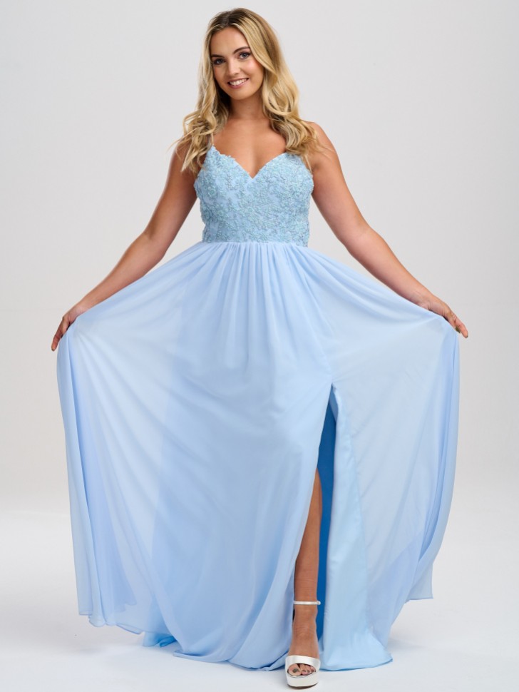 Linzi Jay Blassblaues perlenbesetztes A Line Chiffon Ballkleid mit Schlitz