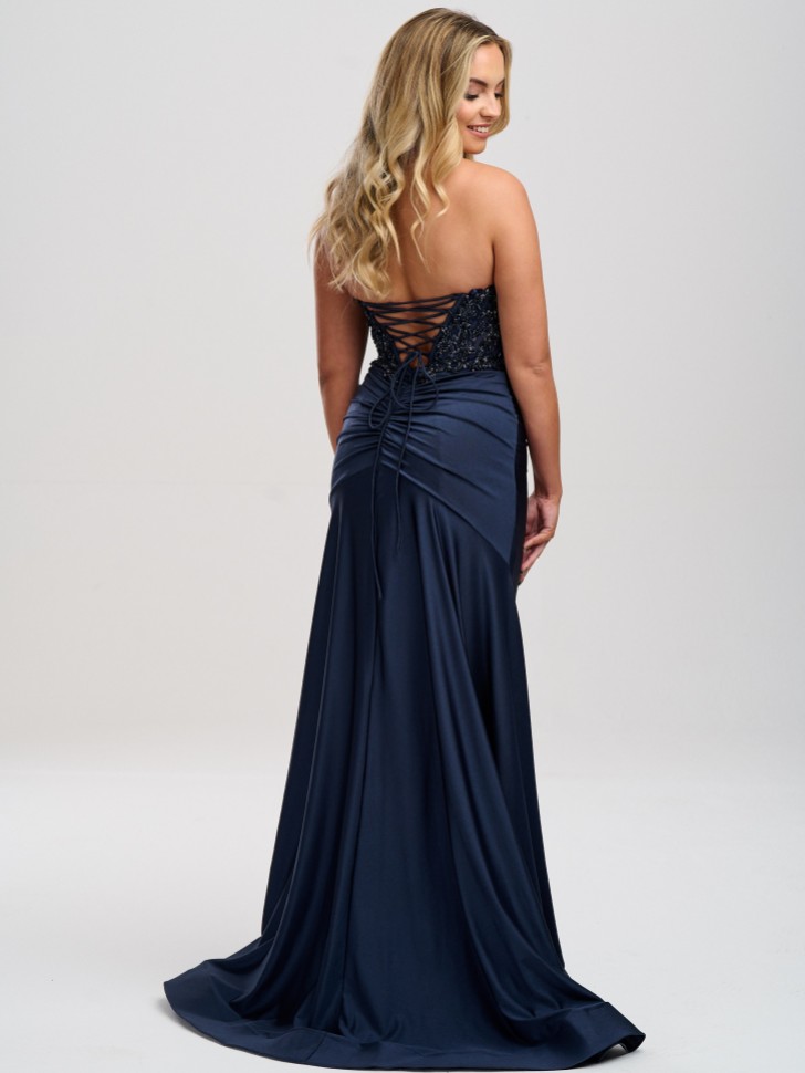Linzi Jay Navy Strapless Beaded Corset Prom Dress with Slit